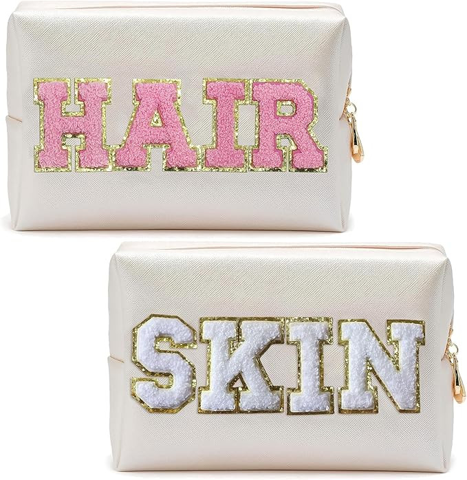 COSHAYSOO 2 Pieces Preppy Patch Makeup Bags Chenille Letter Cosmetic Pouch Gifts for Teens Girls ... | Amazon (US)