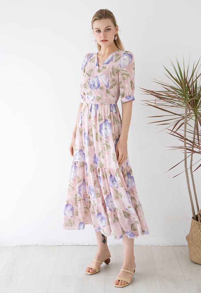 Springtime Blossom Watercolor Floral Wrap Frilling Dress | Chicwish