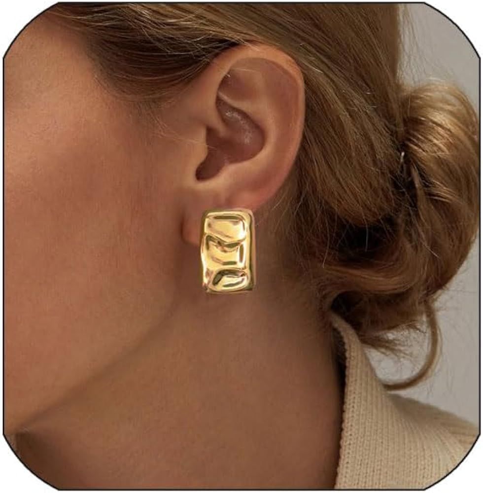 TOSGMY Chunky Gold Rectangle Stud Earrings For Women, Gold statement Earrings Dainty Thick Stud Earr | Amazon (US)