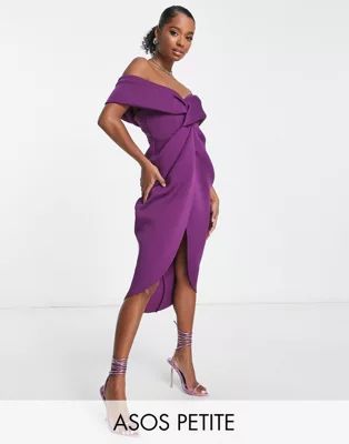 ASOS DESIGN Petite off shoulder twist front midi dress in grape | ASOS (Global)