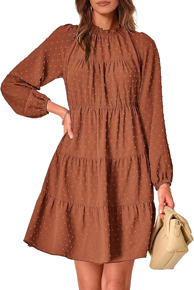 KIRUNDO Women's Long Sleeve Ruffle Mock Neck Tiered Mini Babydoll Dress Casual Swing Tunic Shift ... | Amazon (US)