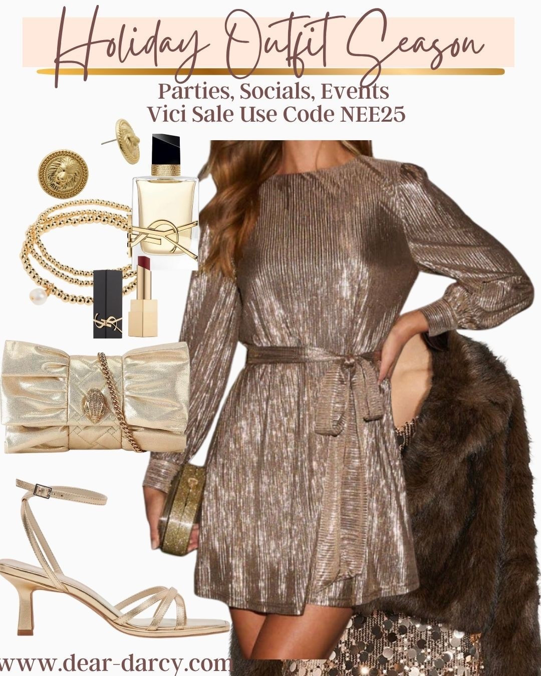 Holiday outfit season

Parties, socials, events.

Vici SALE code: NEW25 
Metallic long sleeve beautiful dress. 

Paired with a feud fur
And gold metallic dolce vita strappy heals,
A metallic gold clutch 
And pretty gold jewelry!

Affordable pieces you’ll wear on repeat

#LTKStyleTip #LTKHoliday #LTKSaleAlert