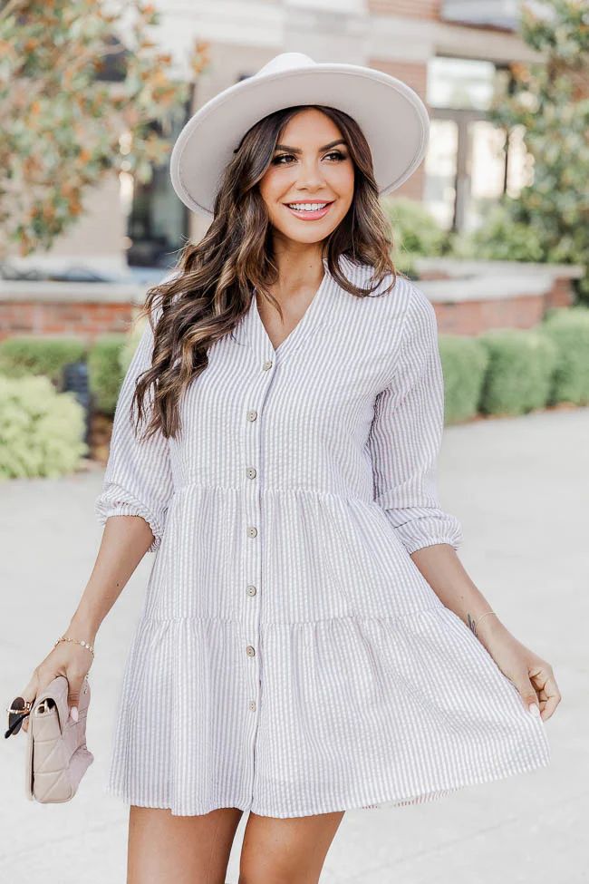 From Now On Taupe Striped Button Front Dress | Pink Lily