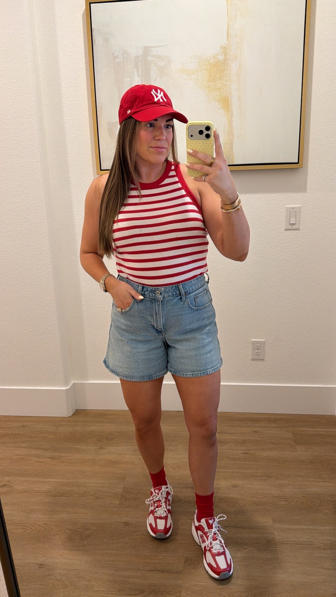 curvy midsize casual mom outfit! wearing size large in red striped tank and size 30 in shorts! 

#LTKMidsize #LTKSeasonal