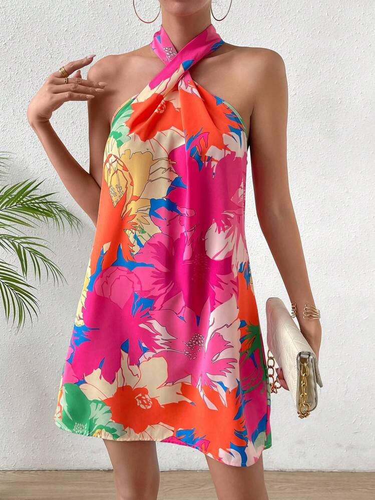 Breezaya Floral Print Halter Neck Backless Dress Vacation Beach Outfits Women | SHEIN