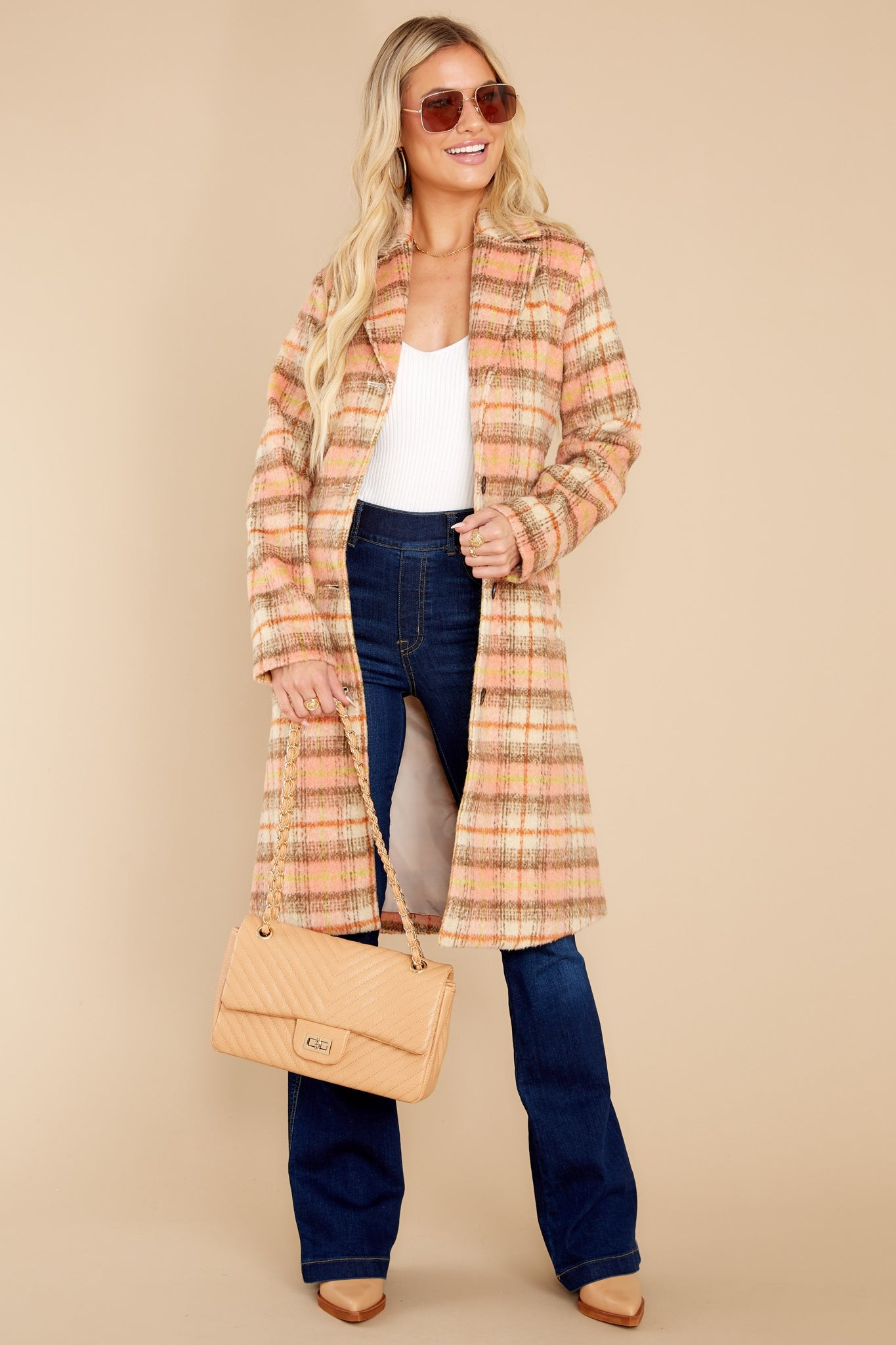 Brisk Strolls Apricot Plaid Coat | Red Dress 