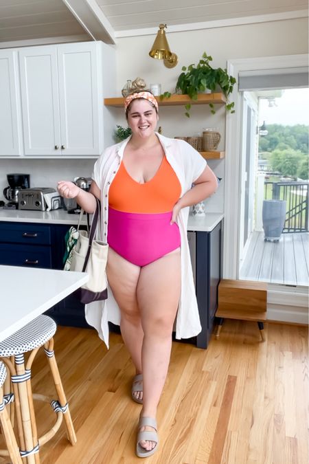 plus size swimsuit outfit with coverup! Bright + fun swimsuit with white amazon cover up! Wearing a 22 in suit and xxl in coverup! 

#LTKbump #LTKcurves #LTKswim