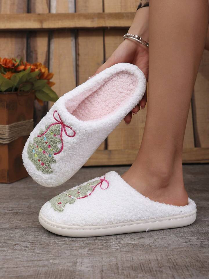 2024 New Christmas Tree Embroidery Pattern Indoor Plush Slippers For Women, Autumn/Winter Christm... | SHEIN