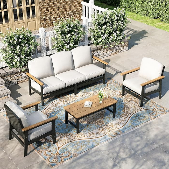 HERA'S HOUSE HDPE Patio Furniture Set, 4-Piece Outdoor Wicker Conversation Couch Set with Thick C... | Amazon (US)