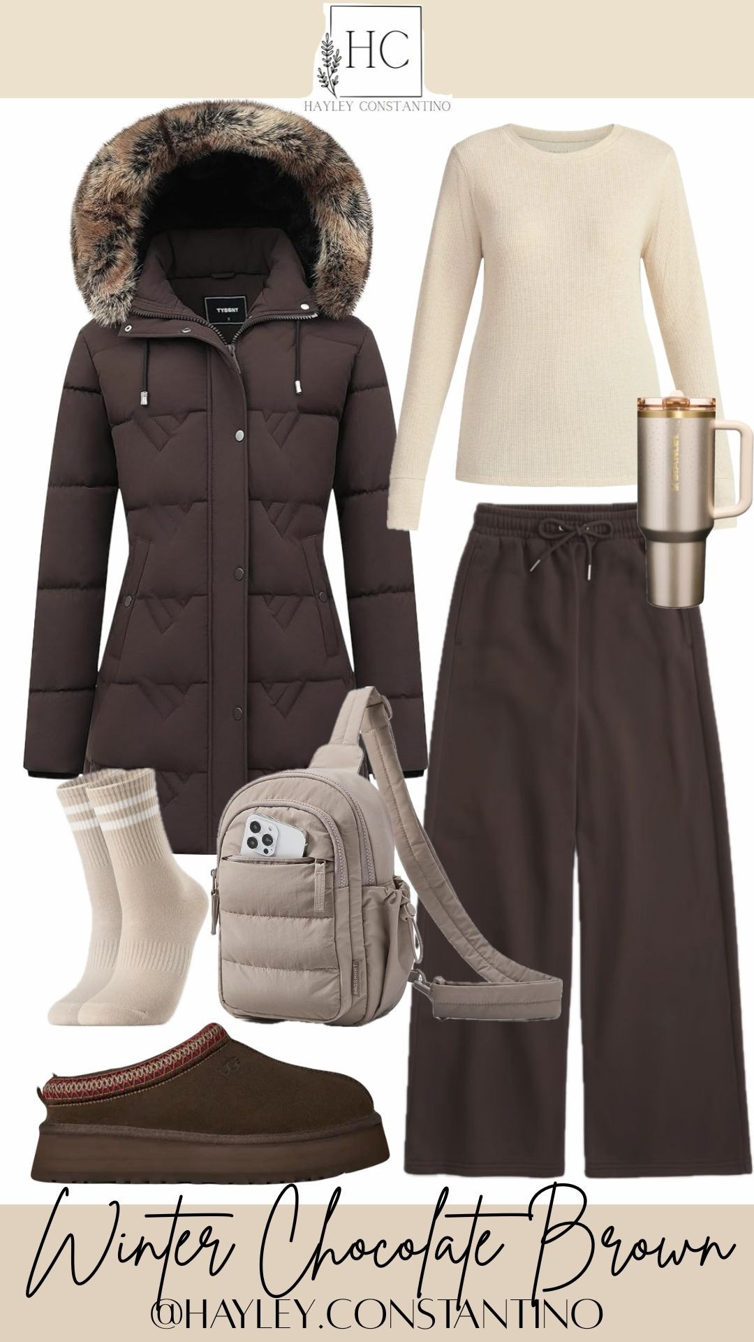 This outfit is basically the “I’m effortlessly chic, totally cozy, and absolutely the main character of winter” uniform. The deep chocolate brown hooded puffer jacket with that boujee faux-fur hood says VIP snow bunny, while the soft cream top and wide-leg chocolate brown lounge sweatpants whisper I value comfort and coffee more than chaos. Add the plush socks, cushy Ugg slip-ons, and the neutral crossbody (because we’re practical queens), and you’ve got the perfect blend of cozy + cute. And of course… the  champagne colored Stanley mug completes the vibe because hydration, but make it aesthetic.
Where to wear it?
Running errands like you own the town, coffee dates with yourself, school drop-offs, winter weekend shopping, casual brunch, cozy snow mountain strolls, or any day you want to feel warm, stylish, and just a little bit “that girl” without even trying.

#LTKOver40 #LTKmomlife #LTKootd