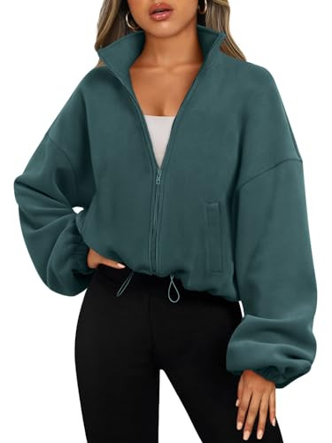 AUTOMET Womens Fleece Jackets Zip Up Oversized Sweatshirts Winter Clothes Long Sleeve Crop Sherpa Fall Outfits Fashion Green L | Amazon (US)