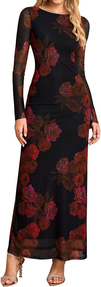 Floral Long Sleeve Mesh Bodycon Maxi Dresses Formal Wedding Guest Party Fall Dress for Women 2025 | Amazon (US)