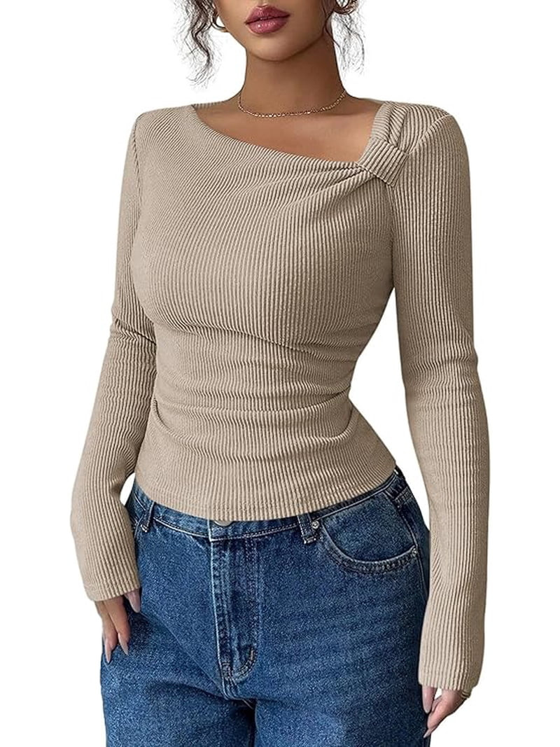 PRETTYGARDEN Womens Early Fall Fashion Long Sleeve T Shirts Asymmetrical Ribbed Fitted Trendy Goi... | Walmart (US)