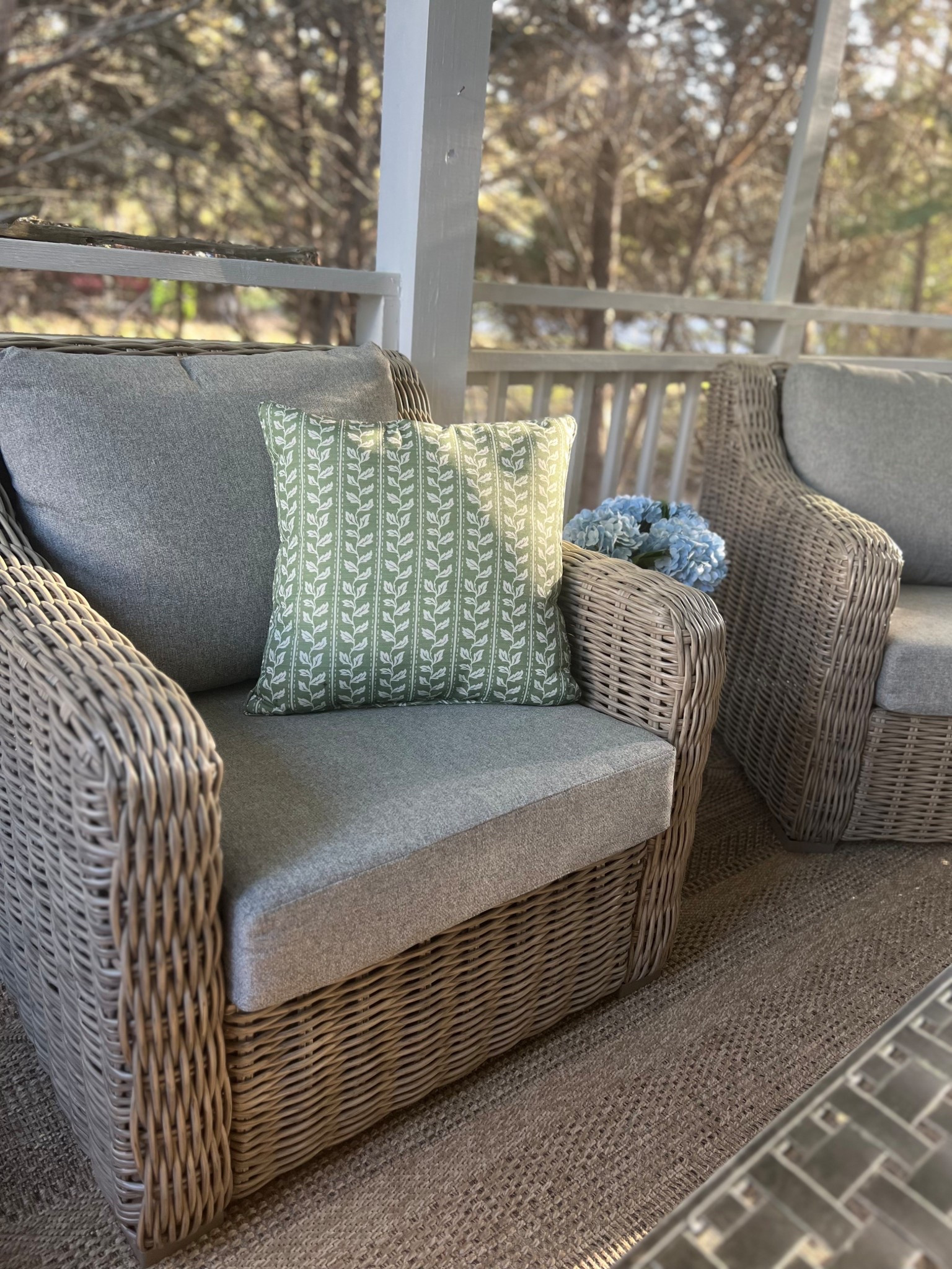 Shop my screened in porch! Walmart outdoor chairs, outdoor pillows, metal coffee table and artificial hydrangeas from Amazon, outdoor rug from @lowes 
#outdoorfurniture #walmart #bhg #amazonhome #throwpillows #juterug 

#LTKHome #LTKSeasonal #LTKdayinmylife