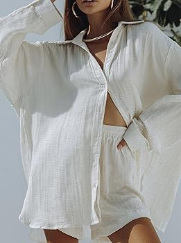 Fixmatti Women 2 Piece Outfits Long Sleeve Button Down Blouse and Shorts Sweatsuit Sets | Amazon (US)