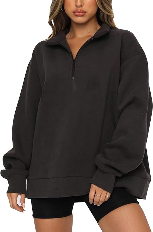 Meladyan Womens Half Zip Sweatshirt Oversized Long Sleeve Collar Drop Shoulder Solid 1/4 Zipper P... | Amazon (US)