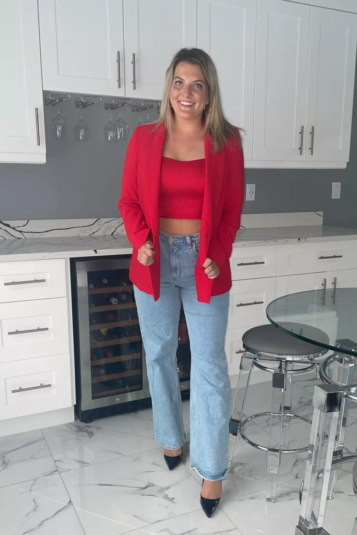 Holiday Outfit: Red Shirt + Jeans + Heels