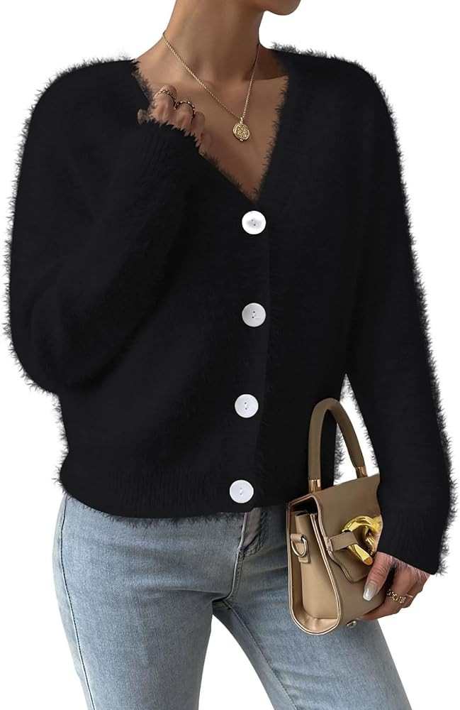 Pink Queen Women's Furry Cropped Cardigan Batwing Sleeves Open Front V-Neck Button Down Loose Cas... | Amazon (US)