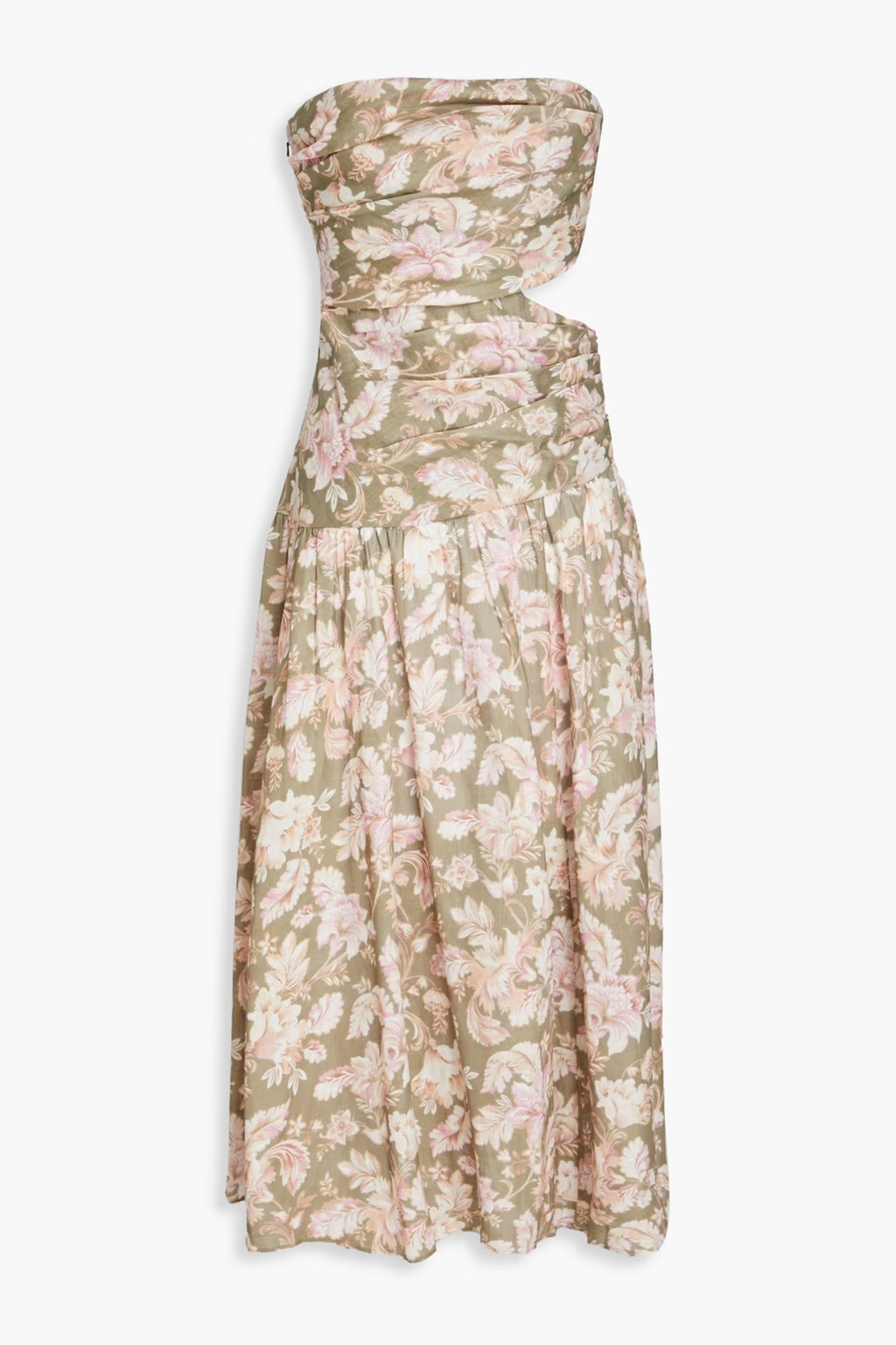 Strapless cutout floral-print linen midi dress | The Outnet (US and CA)