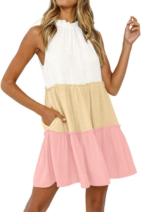 Imily Bela Womens Summer Dresses Boho Sleeveless Halter Sun Dress 2023 Casual Color Block Ruffle ... | Amazon (US)