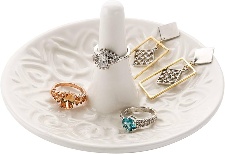 MyGift Decorative White Ceramic Ring Tray for Jewelry, Ring Cone and Trinket Tray with Raised Hea... | Amazon (US)