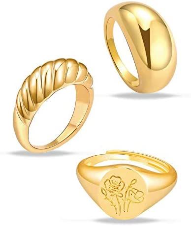 MOROTOLE 3Pcs Chunky Gold Rings Set for Women Thick Dome Rings 18K Gold Plated Croissant Braided ... | Amazon (US)