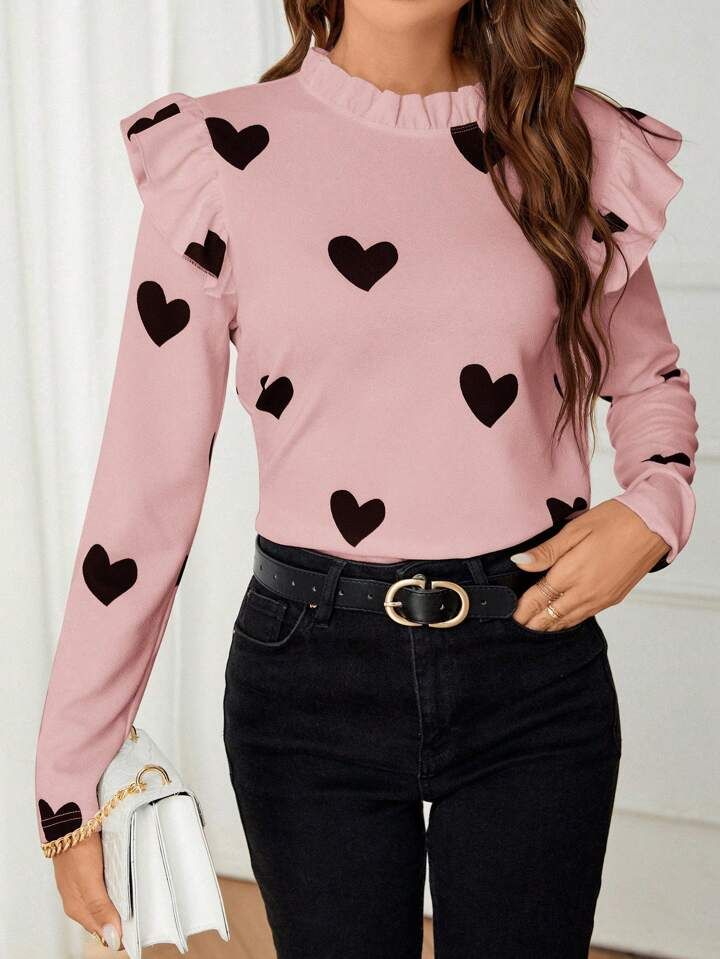 SHEIN Clasi Ladies' Love Heart Printed Frill Trimmed Long Sleeve T-shirt | SHEIN