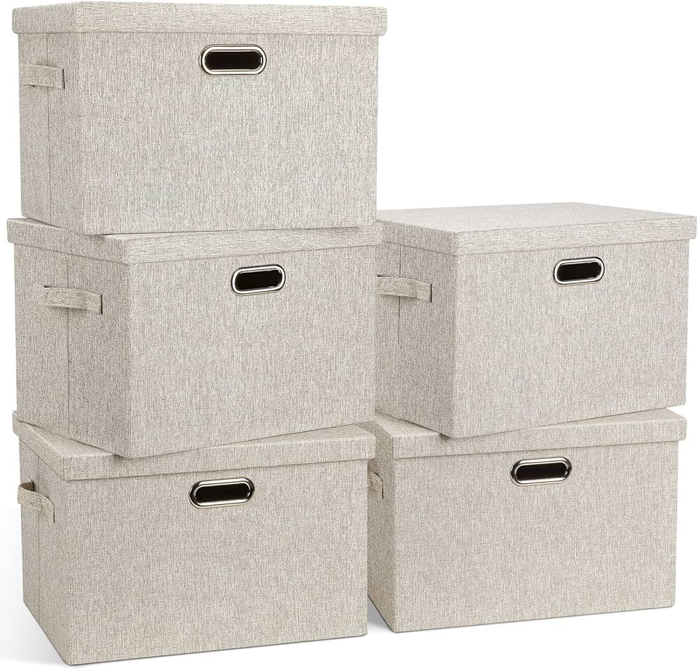 Large 17" 36 Quart Collapsible Stackable Storage Bins with Lids, 5 Packs Beige Linen Fabric Close... | Amazon (US)