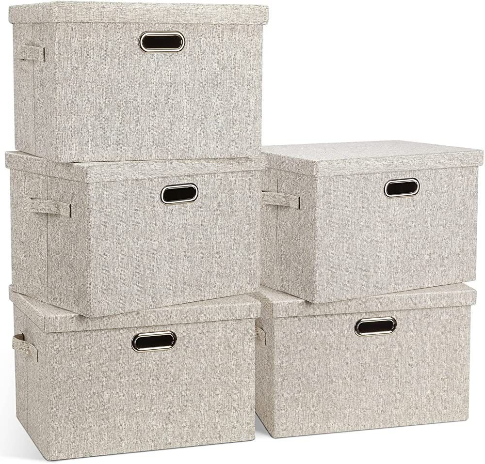 Large 17" 36 Quart Collapsible Stackable Storage Bins with Lids, 5 Packs Beige Foldable Fabric Cl... | Amazon (US)