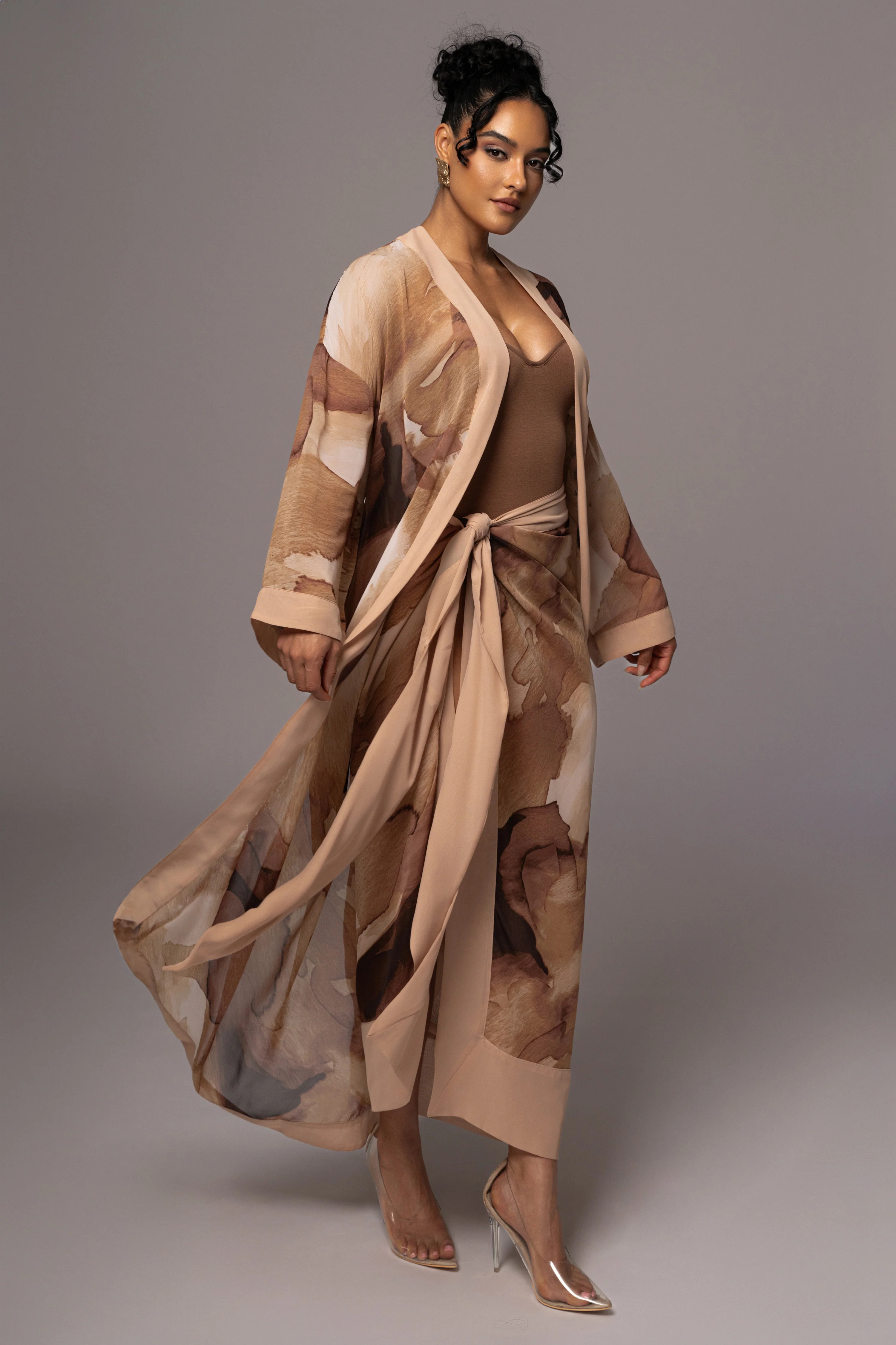 Tan Abstract Alissa Printed Duster | JLUXLABEL