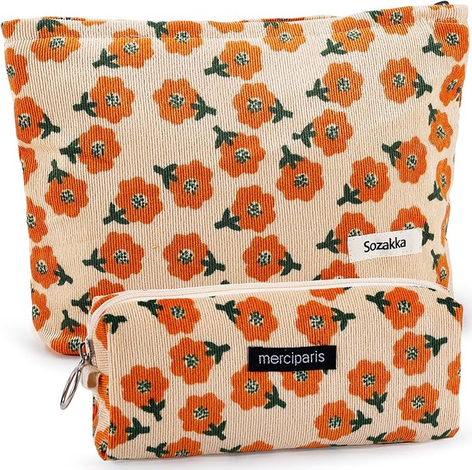2Pcs Flower Makeup Bag Cute Floral Travel Cosmetic Bag Set for Women Girls Large Small Corduroy Z... | Amazon (US)