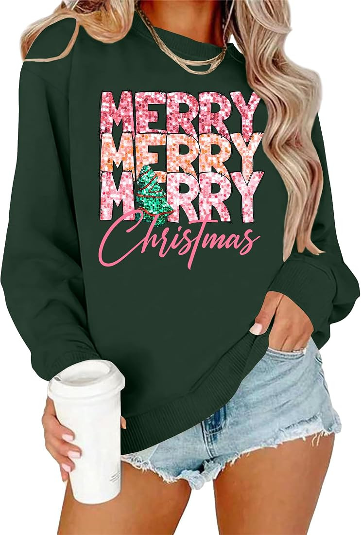 Christmas Sweatshirts for Women Merry Christmas Plaid Pullover Sweatshirts Holiday Vacation Graph... | Amazon (US)