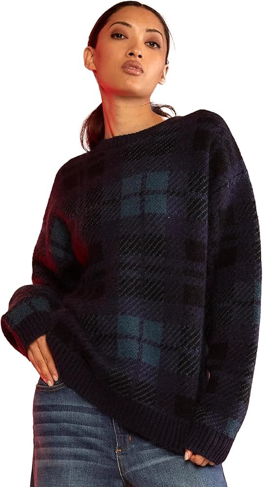 Cynthia Rowley Women's Navy Plaid Oversized Crewneck Mohair Sweater | Amazon (US)