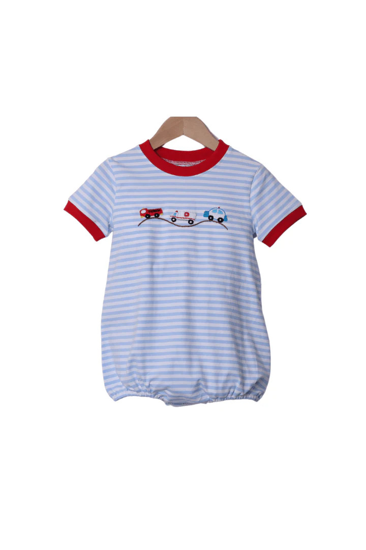 Embroidered First Responders Blue Stripe Bubble | The Smocked Flamingo