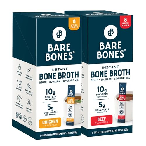 Bare Bones Bone Broth Instant Powdered Mix, Variety Pack, 8 Chicken and 8 Beef, 15g Sticks, 10g Protein, Keto & Paleo Friendly Bone Broth Packets, 16 Total Servings | Amazon (US)