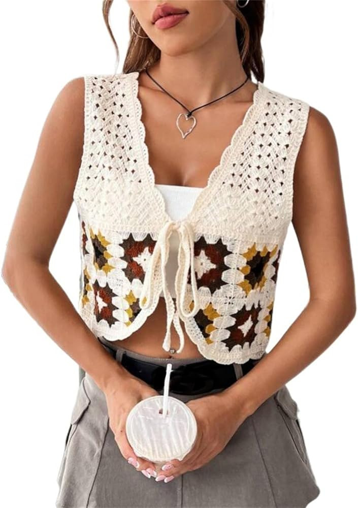 KEOMUD Crochet Floral Sweater Vest for Women Casual V Neck Crop Hollow Out Sleeveless Tie Front K... | Amazon (US)