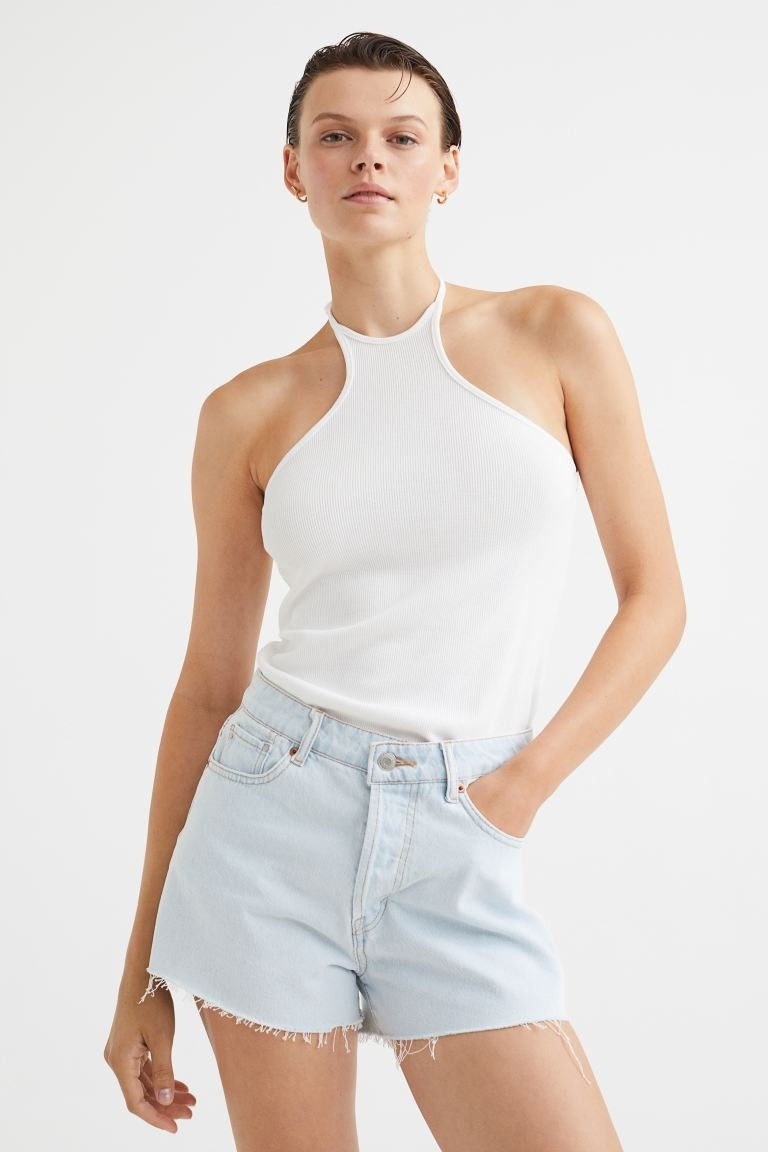 New Arrival5-pocket shorts in flexible stretch cotton denim for added comfort. High waist, button... | H&M (US + CA)