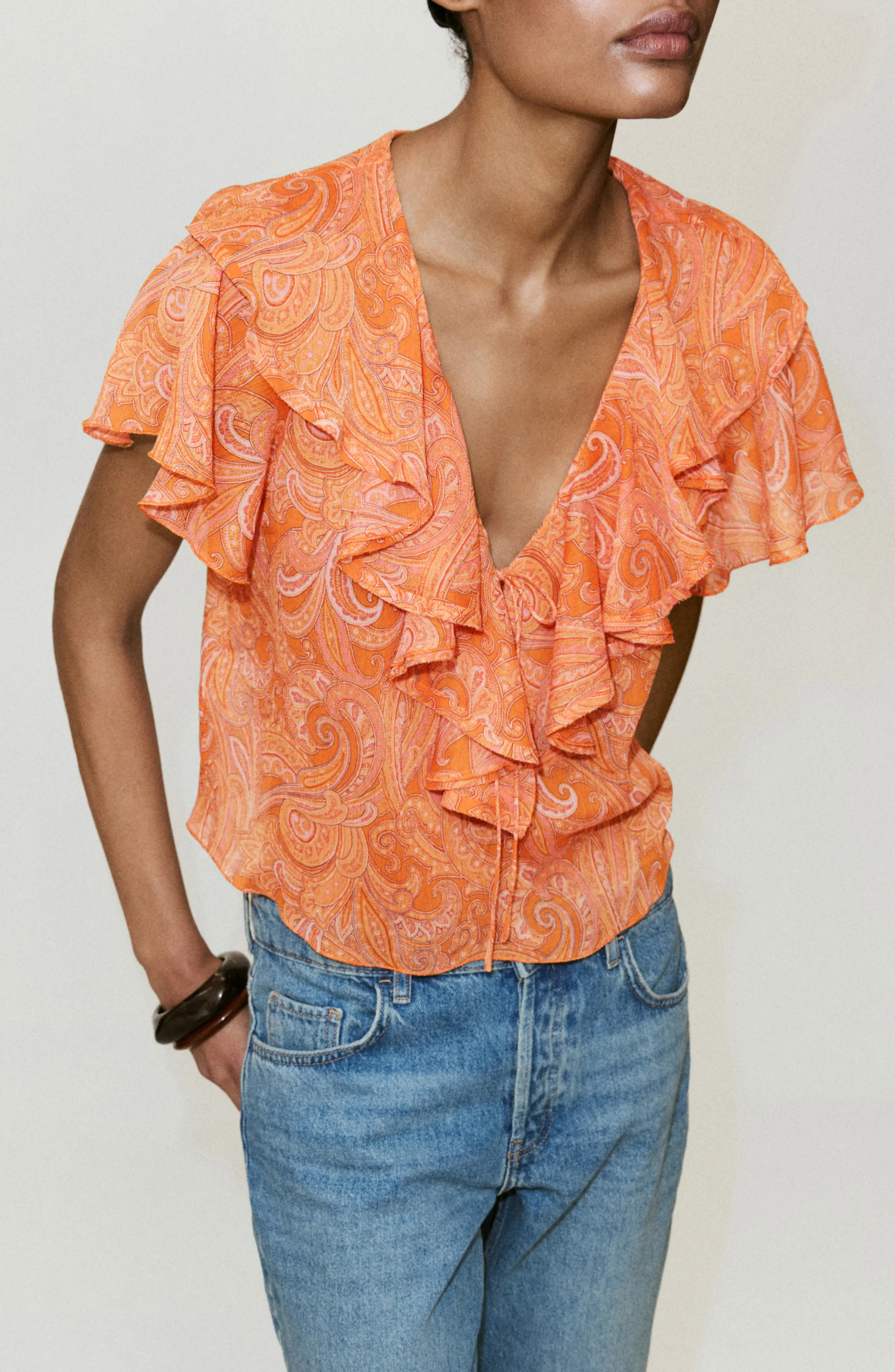 MANGO Ruffled Printed Top in Orange at Nordstrom, Size 8 | Nordstrom