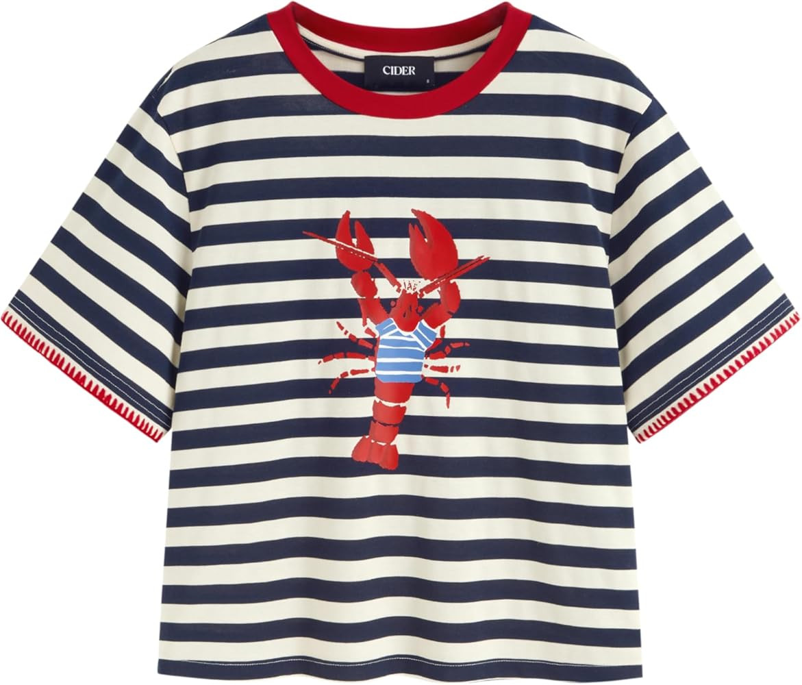 CIDER Women Stripe Crop Boxy Top Oversized Summer Crew Neck T-Shirt Cotton-Blend Short Sleeve Tee | Amazon (US)