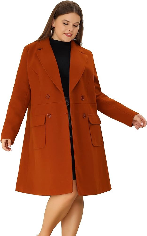 Agnes Orinda Women's Plus Size Long Winter Coats Notch Lapel Double Breasted Pea Trench Coats | Amazon (US)