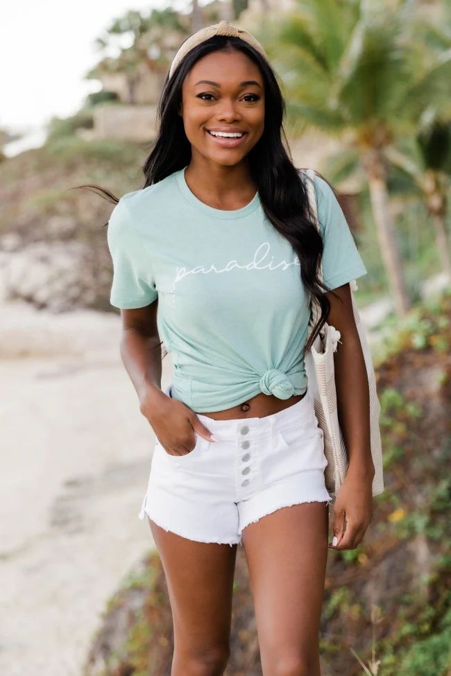 Paradise Script Graphic Heather Dusty Blue Tee | Pink Lily