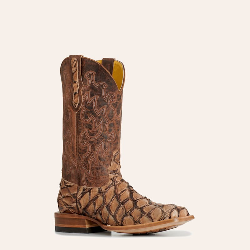 Cavender's Men's Tan Pirarucu & Honey Cowhide Wide Square Toe Exotic Cowboy Boots | Cavender's