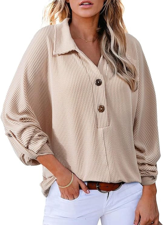 Astylish Women Ribbed Casual Henley Tops Fashion Long Sleeve V Neck Tunic Shirts Trendy Loose Sol... | Amazon (US)