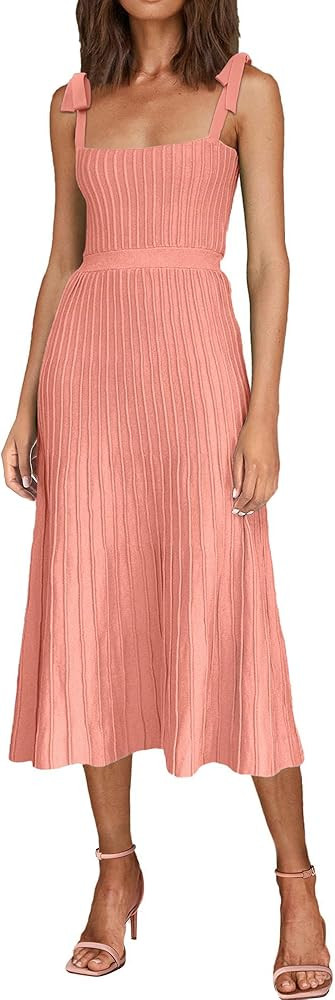 Women's 2024 Summer Maxi Dresses Tie Spaghetti Strap Square Neck Ribbed Knit Dress | Amazon (US)