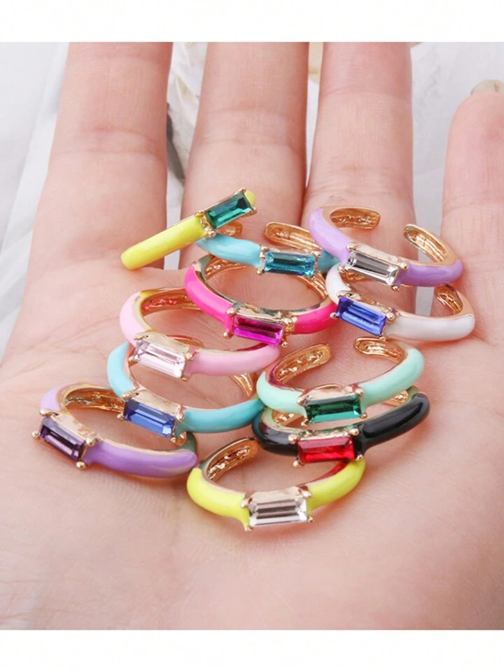 Multicolored Candy-Colored Trapezoidal Diamond Ring Women's Crystal Glass Ring, Exquisite Y2K Sty... | SHEIN