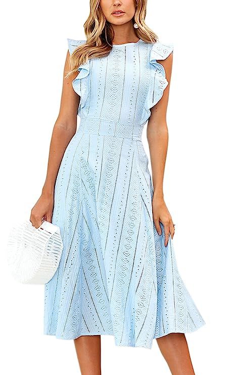 ECOWISH Womens Dresses Elegant Ruffles Cap Sleeves Summer A-Line Midi Dress | Amazon (US)