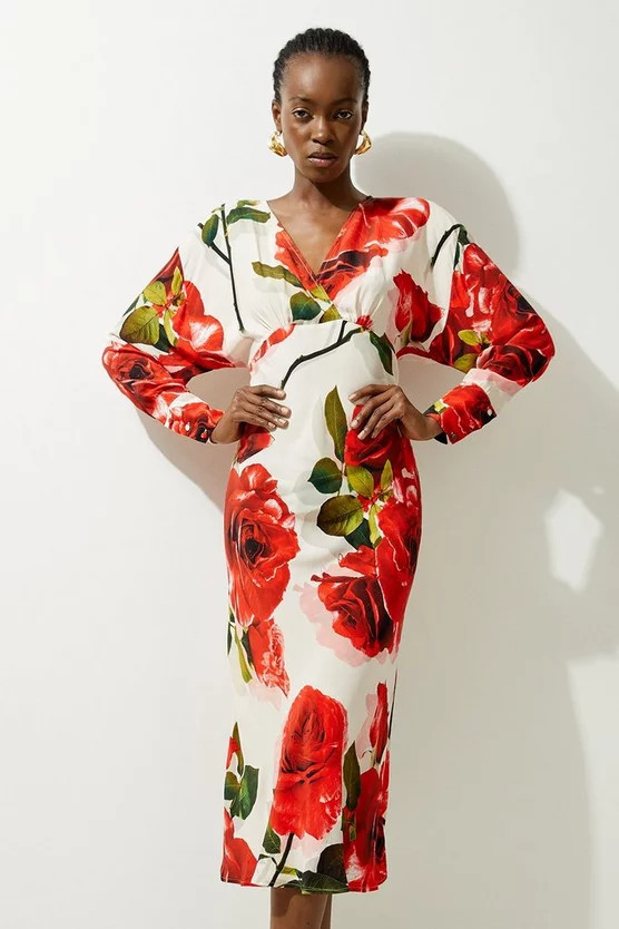 Rose Printed Morocain Woven V Neck Midaxi Dress | Karen Millen US