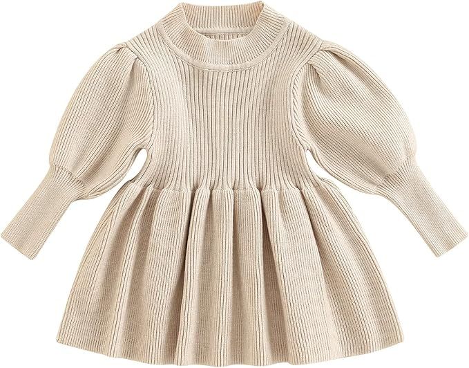 Merqwadd Infant Toddler Baby Girl Pleated Dress Solid Longsleeve Knit Sweater Winter Dress | Amazon (US)