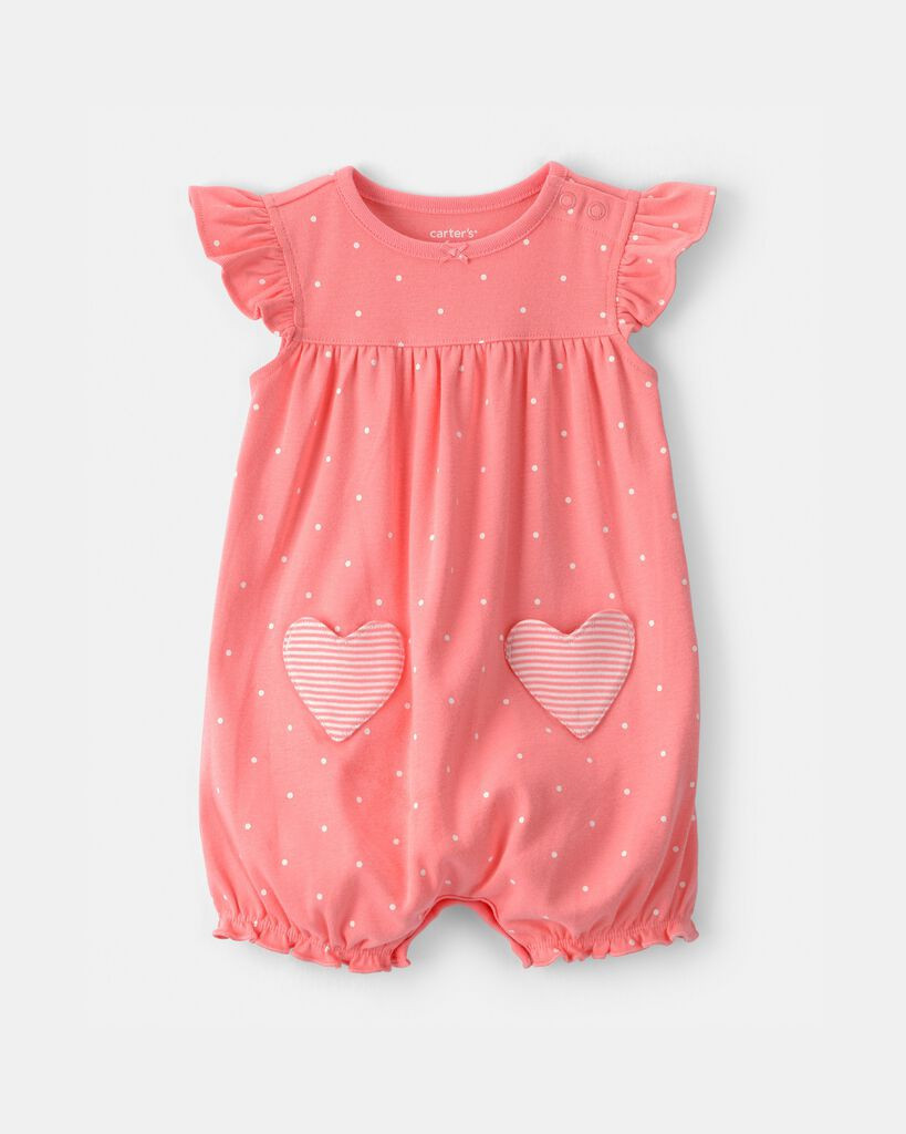 Carter's baby girl heart pocket short-sleeve romper 12M Coral | Carter's Inc