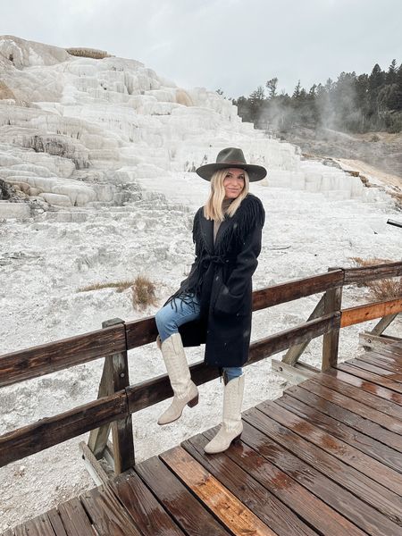 Loving this black fringe coat for fall! 

Brown sweater, similar jeans, similar olive hat and white cowboy boots. 

#LTKSeasonal #LTKstyletip #LTKtravel